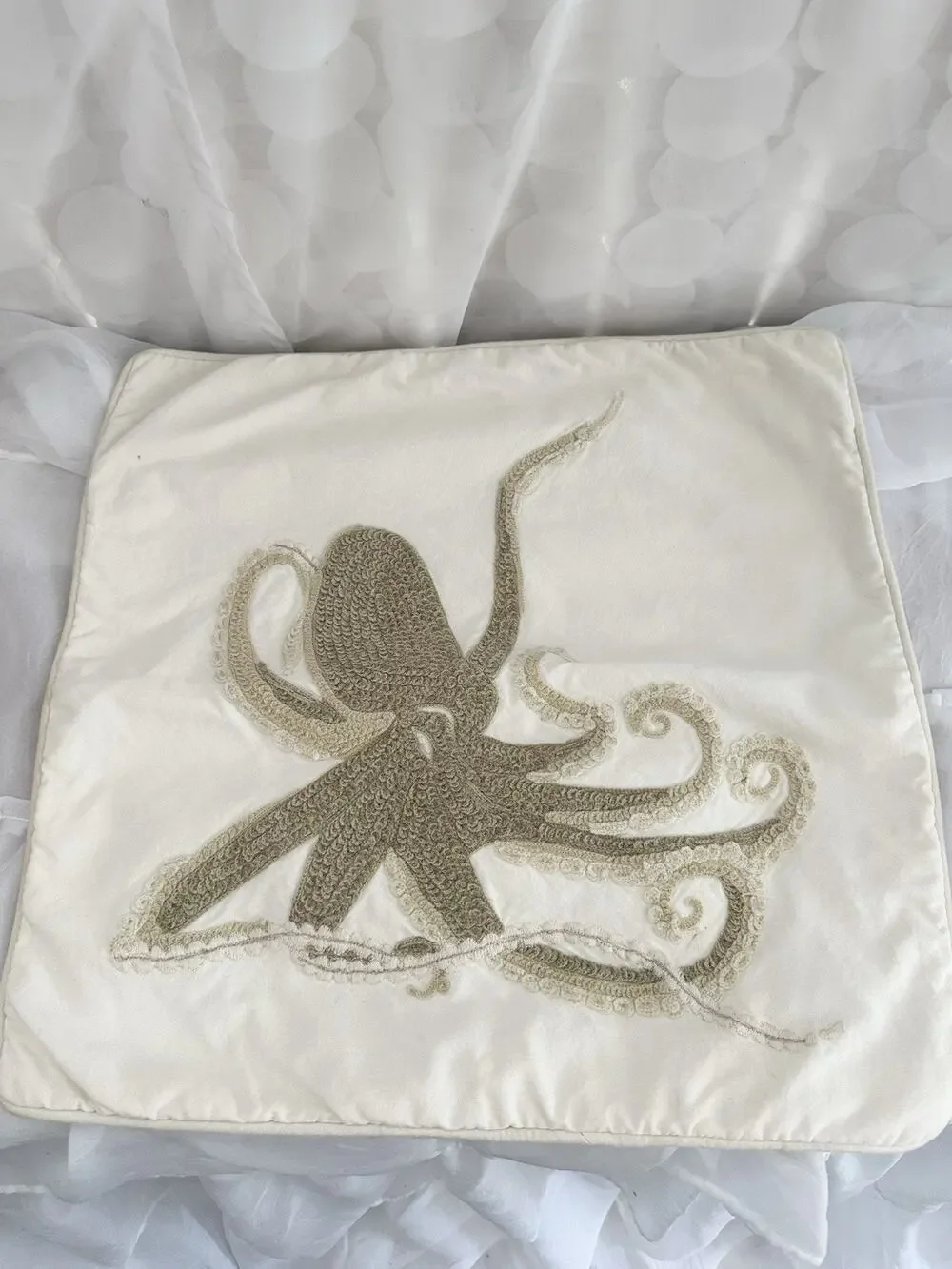 Pottery Barn OCTOPUS Embroidered Accent Pillow Beige Coastal Beachy 18 X 18”